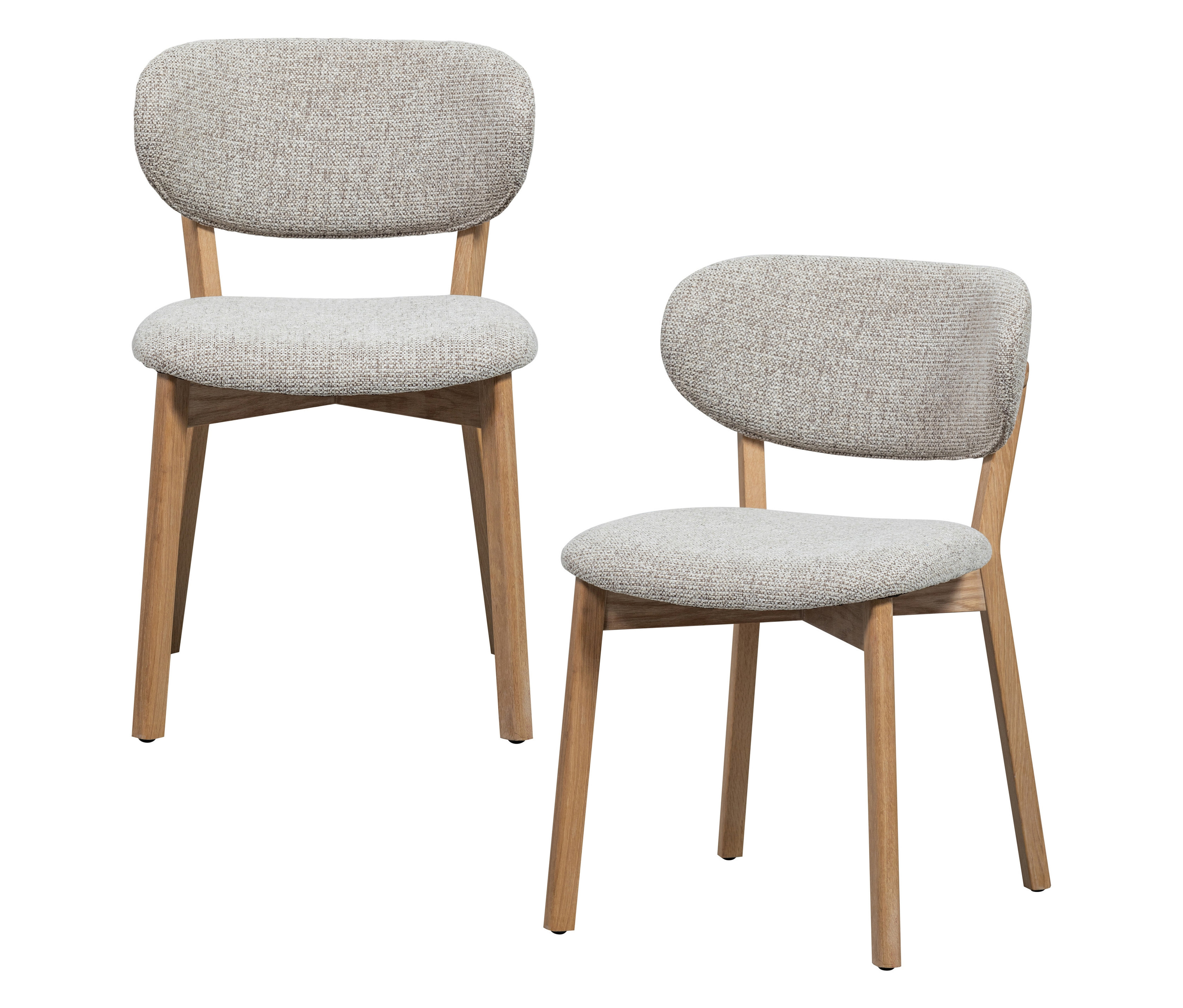 Zwei »Udar« Esszimmerstühle von Woood mit hellgrauem Bezug und hellem Holzgestell.