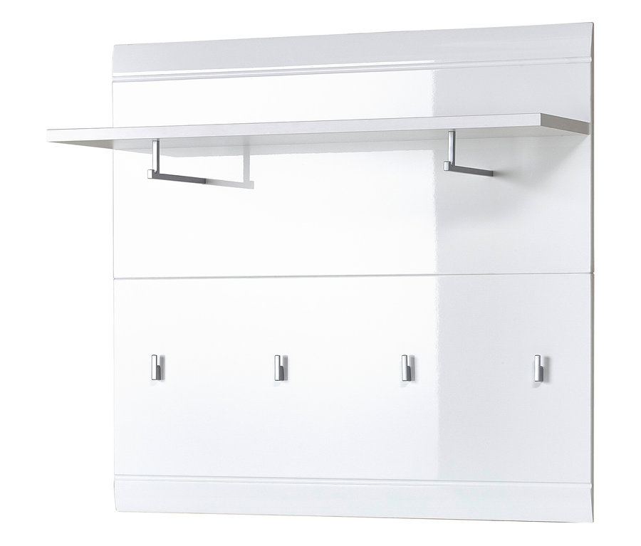 Breites, weißes Garderobenpaneel »ADANA« mit Regal und vier Haken.