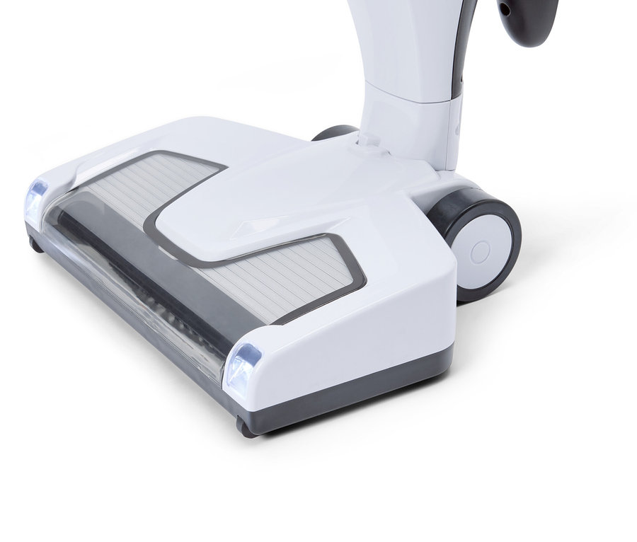 Detailansicht des weißen Staubsaugerkopfes mit grauen Akzenten auf weißem Hintergrund.