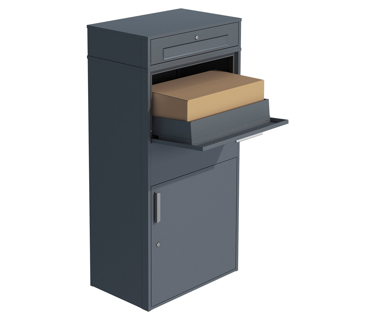 Eine graue Paketbox XXL mit einem braunen Paket darin steht vor einem weißen Hintergrund.