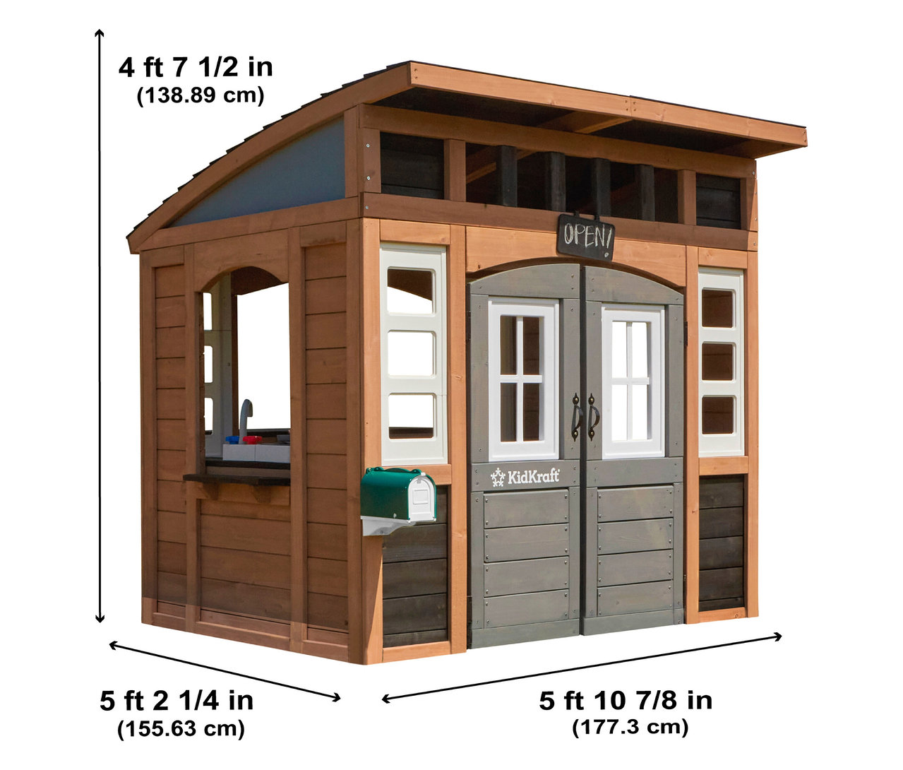 Spielhaus Trolli mit Briefkasten und Fenster. Das Spielhaus ist aus Holz und hat eine "Open" Tafel.