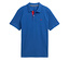 Blaues Tom Tailor Piqué Poloshirt, Advanced Blue, mit rotem Kragen innen und rotem Logo.