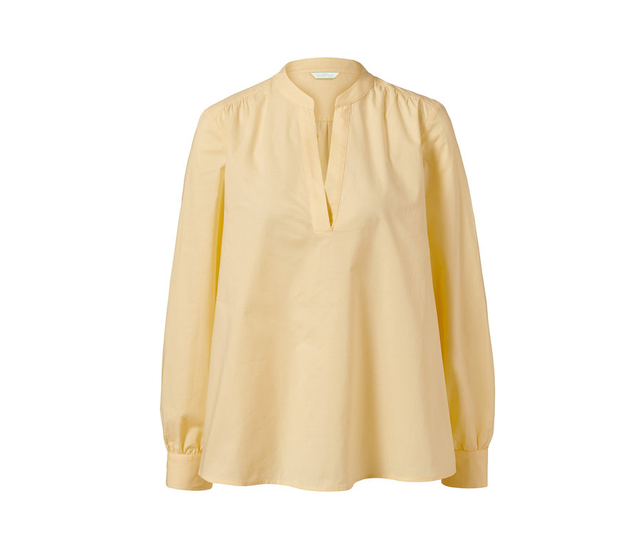 Gelbe Popeline-Bluse mit langen Ärmeln und V-Ausschnitt.
