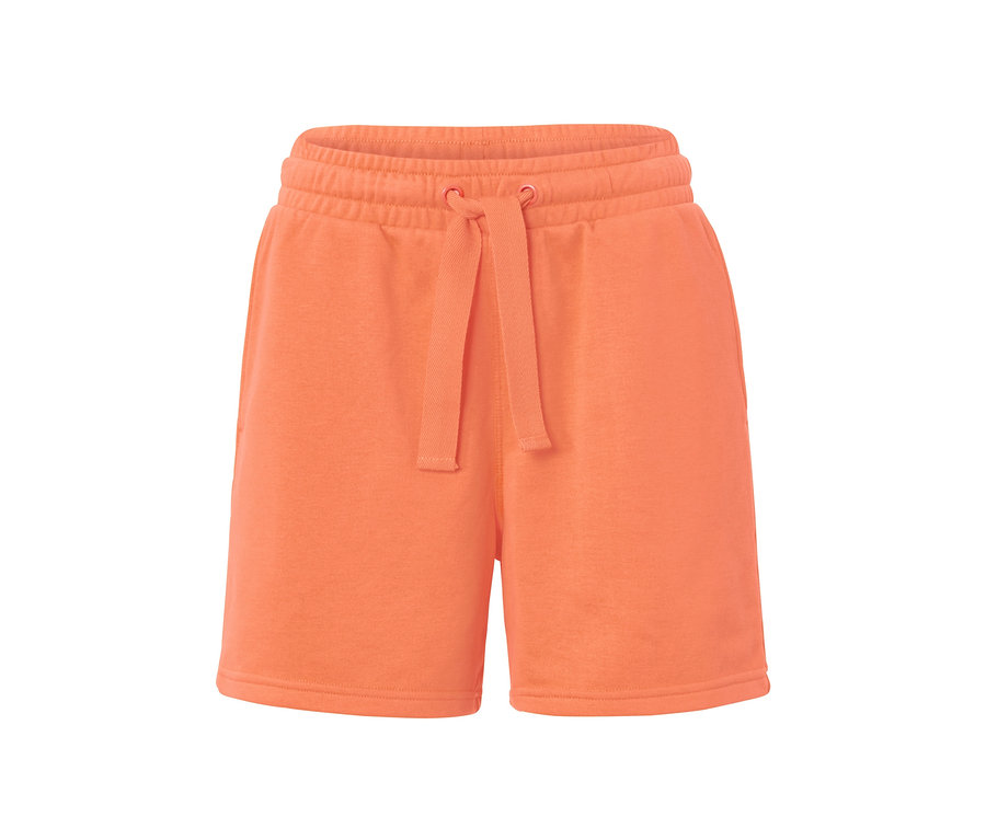 Orangefarbene Sport-Sweatshorts.
