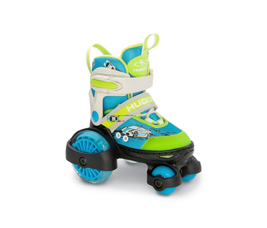 Ein blau-grüner HUDORA Rollschuh »My First Squad« LED auf einem weißen Hintergrund.