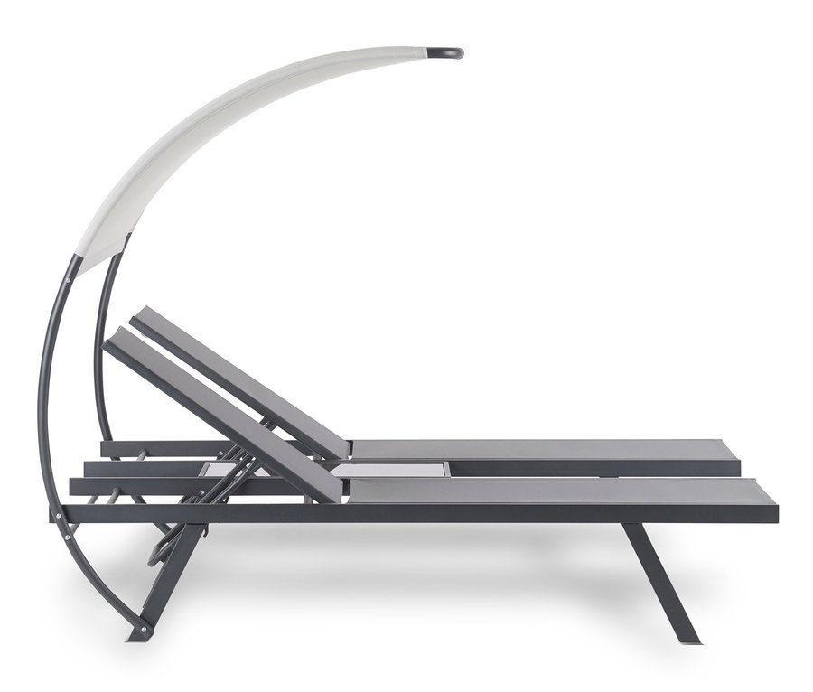 Zwei graue LECO-Sonnenbetten »Lotta« mit weißem Sonnendach auf weißem Hintergrund.