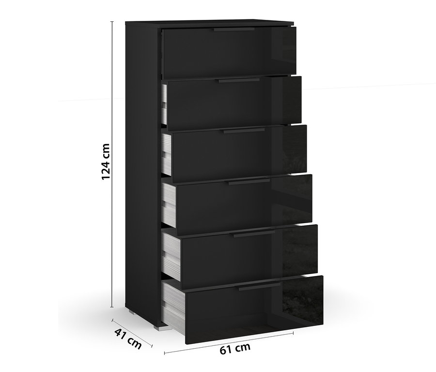 Schwarze Rauch BLACK 20UP Kommode mit 6 Schubladen, einige sind geöffnet.