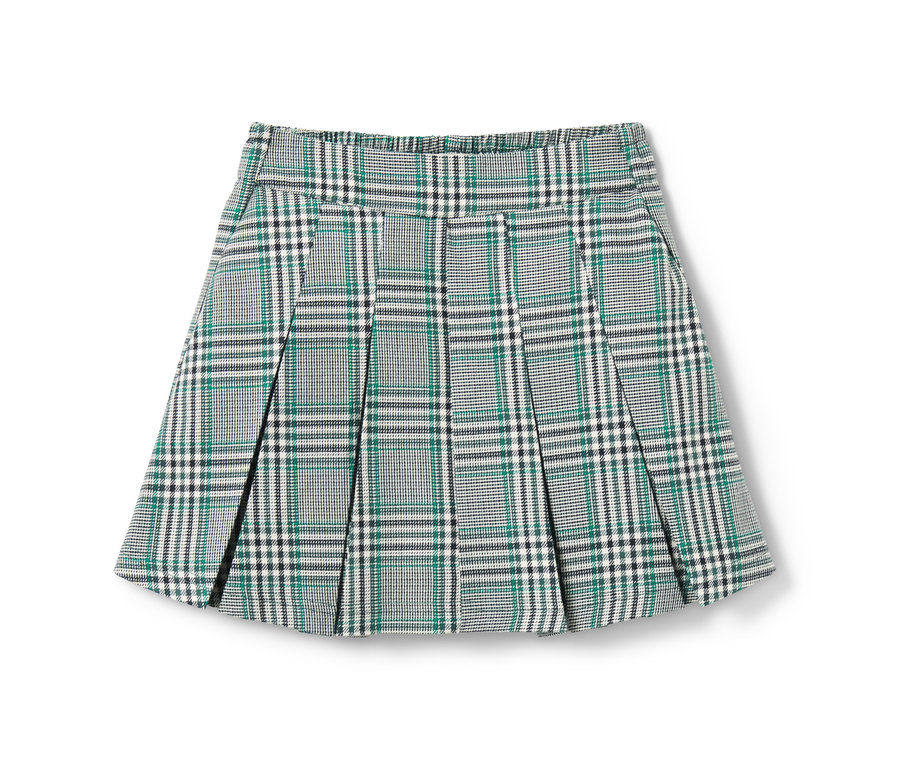 Ein Hosenrock mit weicher Viskose und grünem, weißem und schwarzem Karomuster auf weißem Hintergrund.