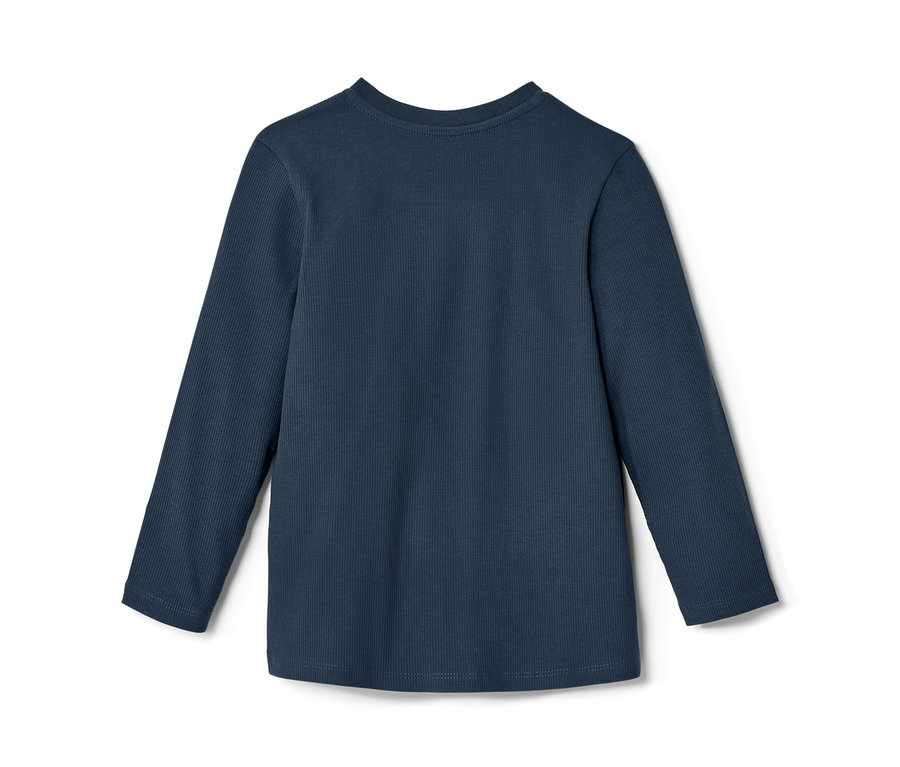 Ein blaues Kinder-Henley-Shirt mit langen Ärmeln und Rippstruktur.