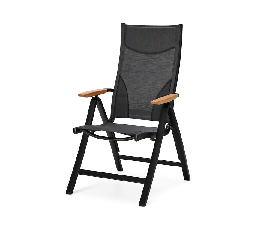 Schwarzer Hochlehner mit verstellbarer Rückenlehne und Armlehnen aus Holz.