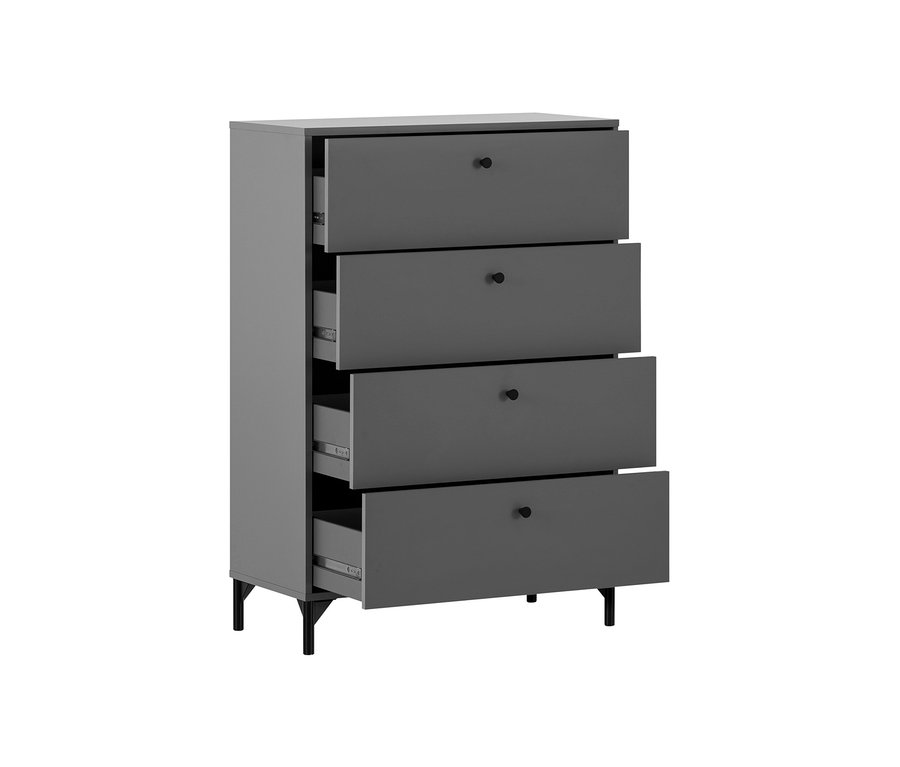 Anthrazitfarbene Kommode »Smash« mit vier Schubladen, einige davon sind geöffnet.