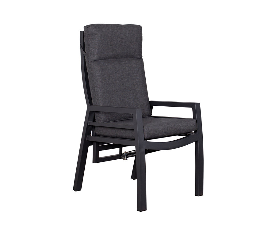 Ein grauer deVries Montana Alu-Dining-Sessel mit gepolstertem Sitz und Rückenlehne.