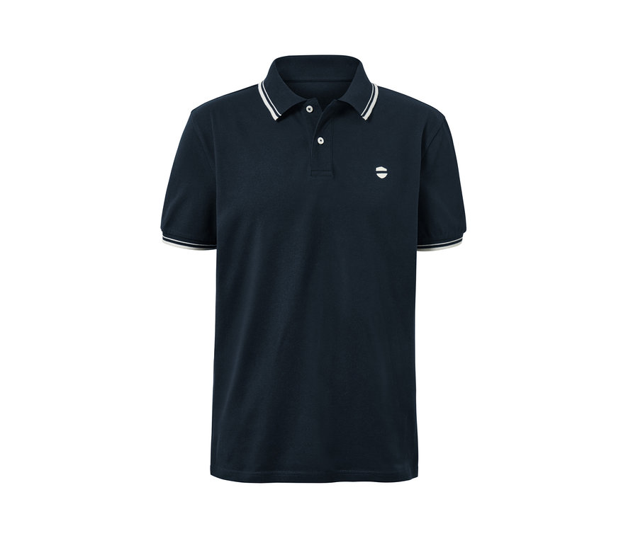 Marineblaues Piqué-Poloshirt mit weißen Streifen an Kragen und Ärmeln.