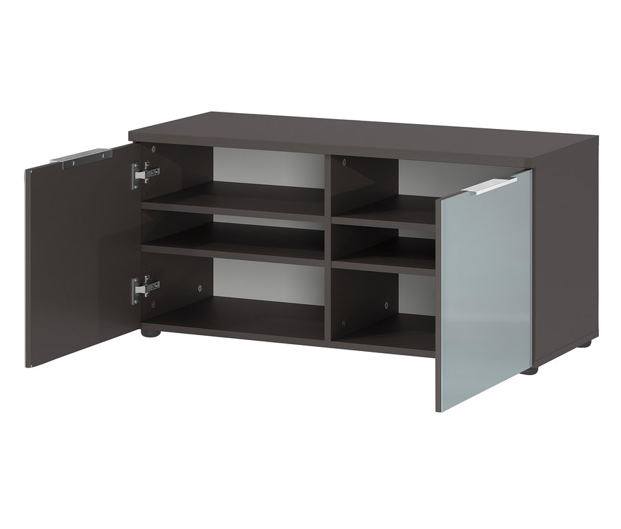 Braune Schuhbank »Nordlia« mit offenen Türen, die die inneren Regale zeigen.