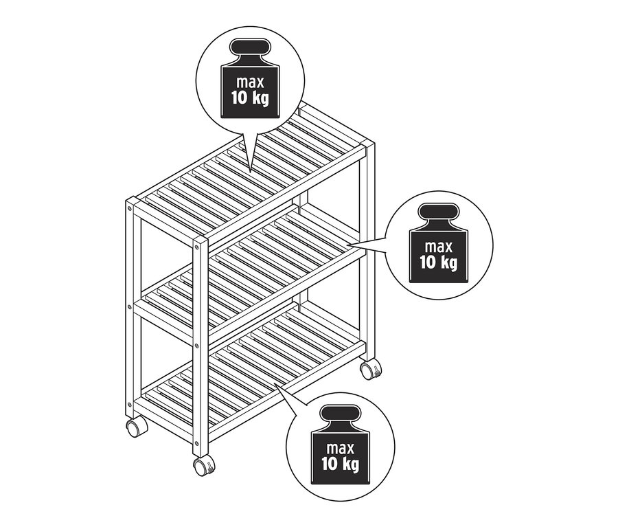 Illustration eines dreistöckigen Massivholzregals mit Rollen und einer Gewichtsbeschränkung von 10 kg pro Regalboden.