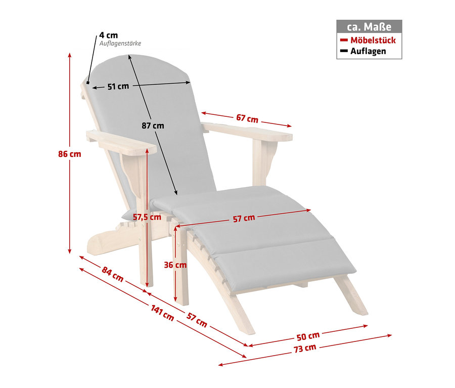 Abmessungen des DeVries Adirondack Stuhls inklusive Auflage.