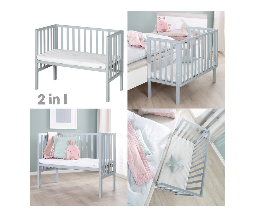 Vier Fotos vom grauen roba 2-in-1-Beistellbett »safe asleep®«.