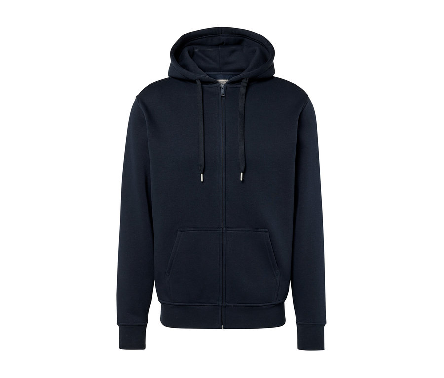 Eine marineblaue Kapuzenjacke mit einem Reißverschluss in der Mitte.