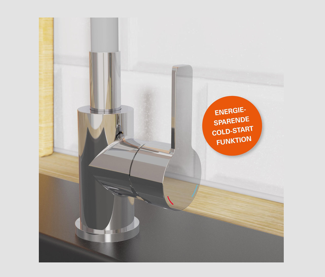 Detail einer verchromten eisl-Spültischarmatur »Flexo«.