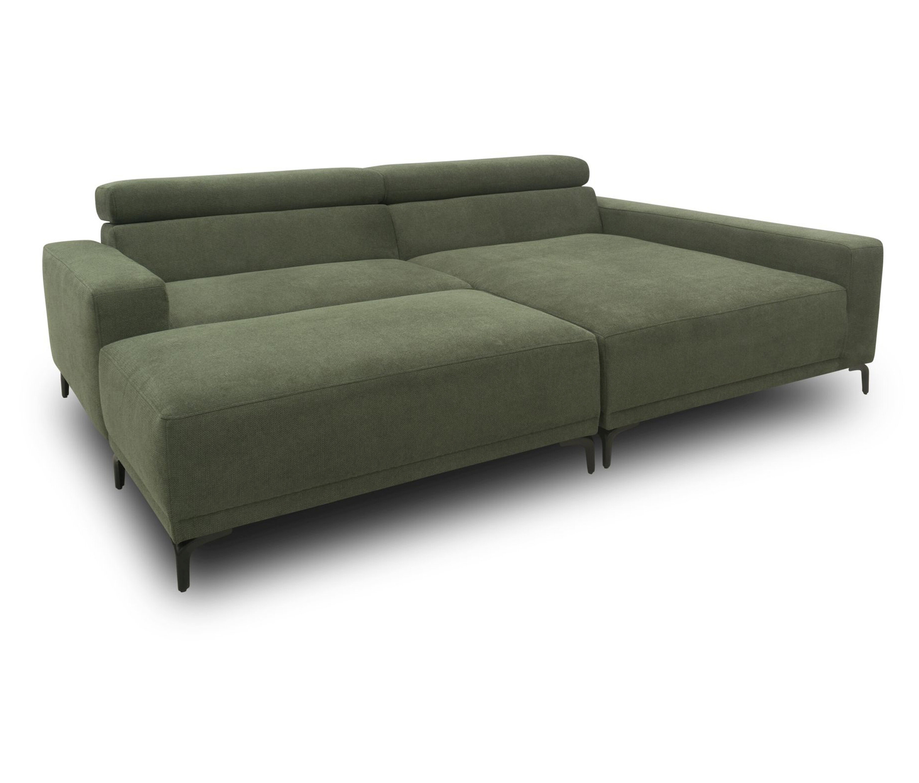 Grünes DOMO Eck-Schlafsofa mit Hocker, rechtsbündig.
