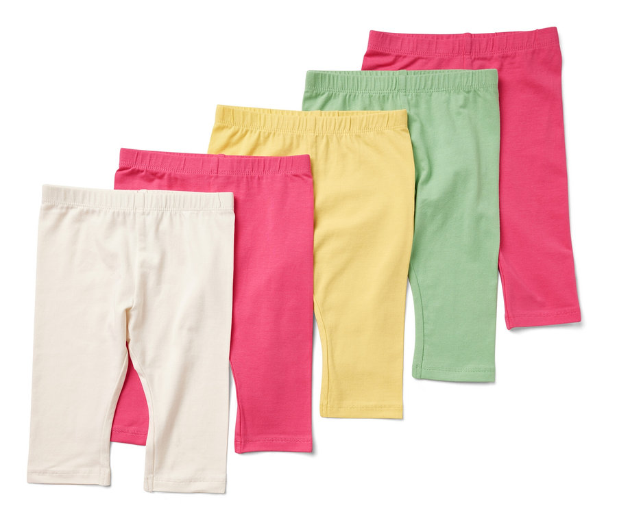 Auf einem weißen Hintergrund sind fünf Kinder-3/4-Leggings in den Farben Weiß, Rosa, Gelb, Hellgrün und Pink zu sehen.