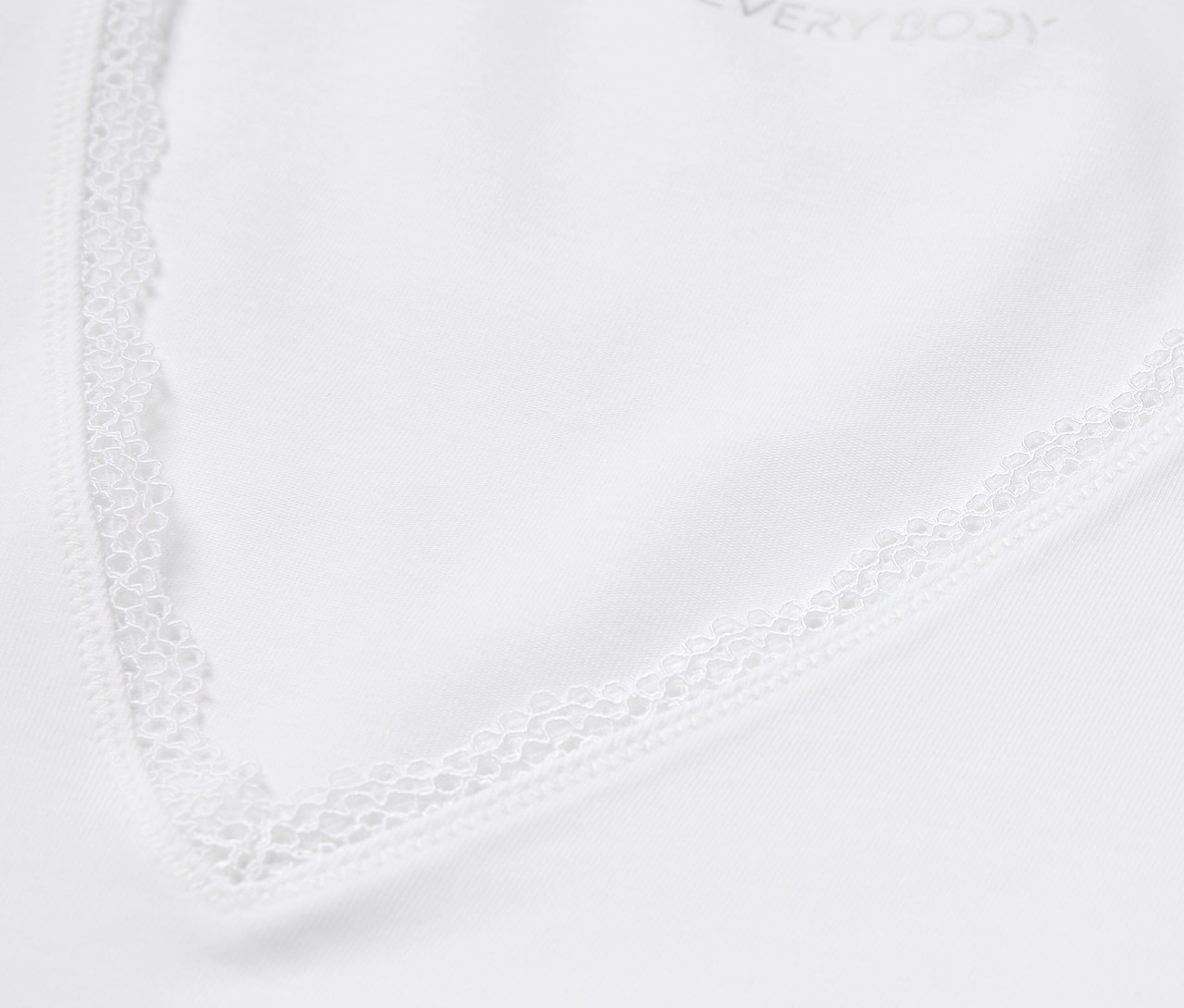 Detailansicht eines weißen Oberteils mit Spitzenbesatz.