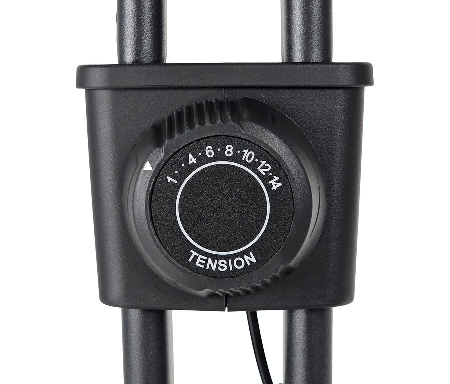 Detailaufnahme eines schwarzen Drehknopfes mit der Aufschrift "TENSION" und den Zahlen 1 bis 14.