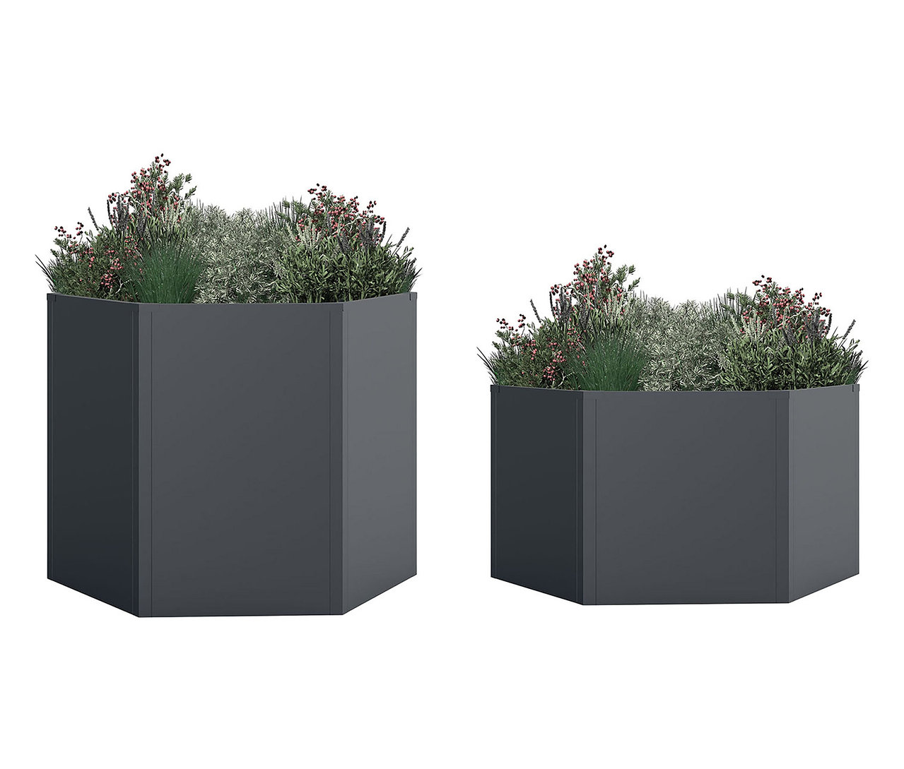 Zwei sechseckige anthrazitfarbene Pflanzgefäße unterschiedlicher Größe, bepflanzt mit grünen und violetten Pflanzen.