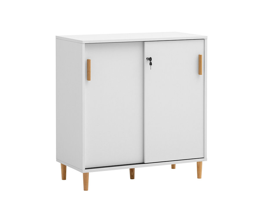 Weißer Aktenschrank »Torge« mit zwei Schiebetüren und Holzfüßen.