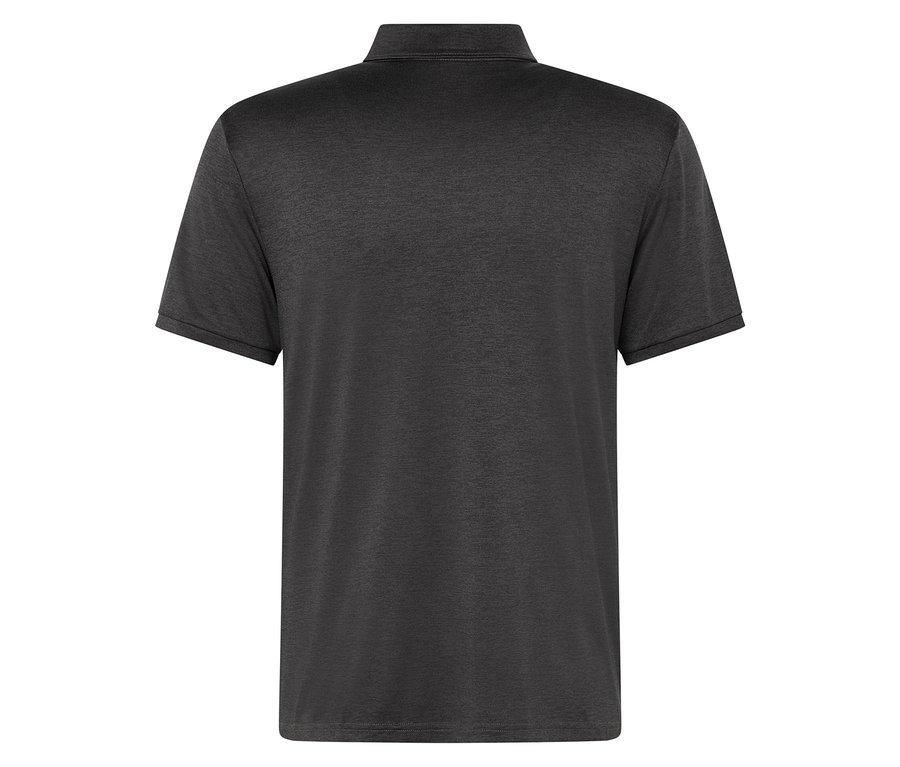 Rückansicht eines dunkelgrauen Poloshirts.