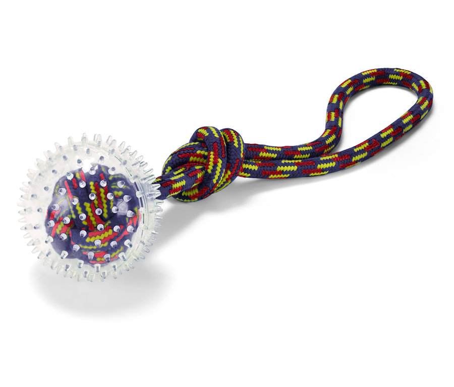 Hundespielzeug mit durchsichtiger Kugel und farbigem Seil.