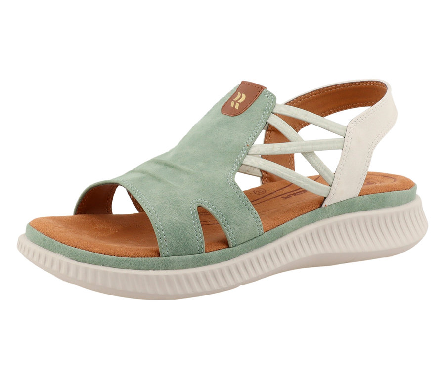 Hellgrüne Sandale mit gekreuzten Riemchen und weißer Fersenkappe.