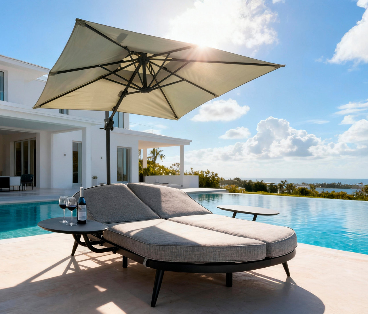 Doppelliege mit zwei Gläsern Wein unter einem Sonnenschirm am Pool.