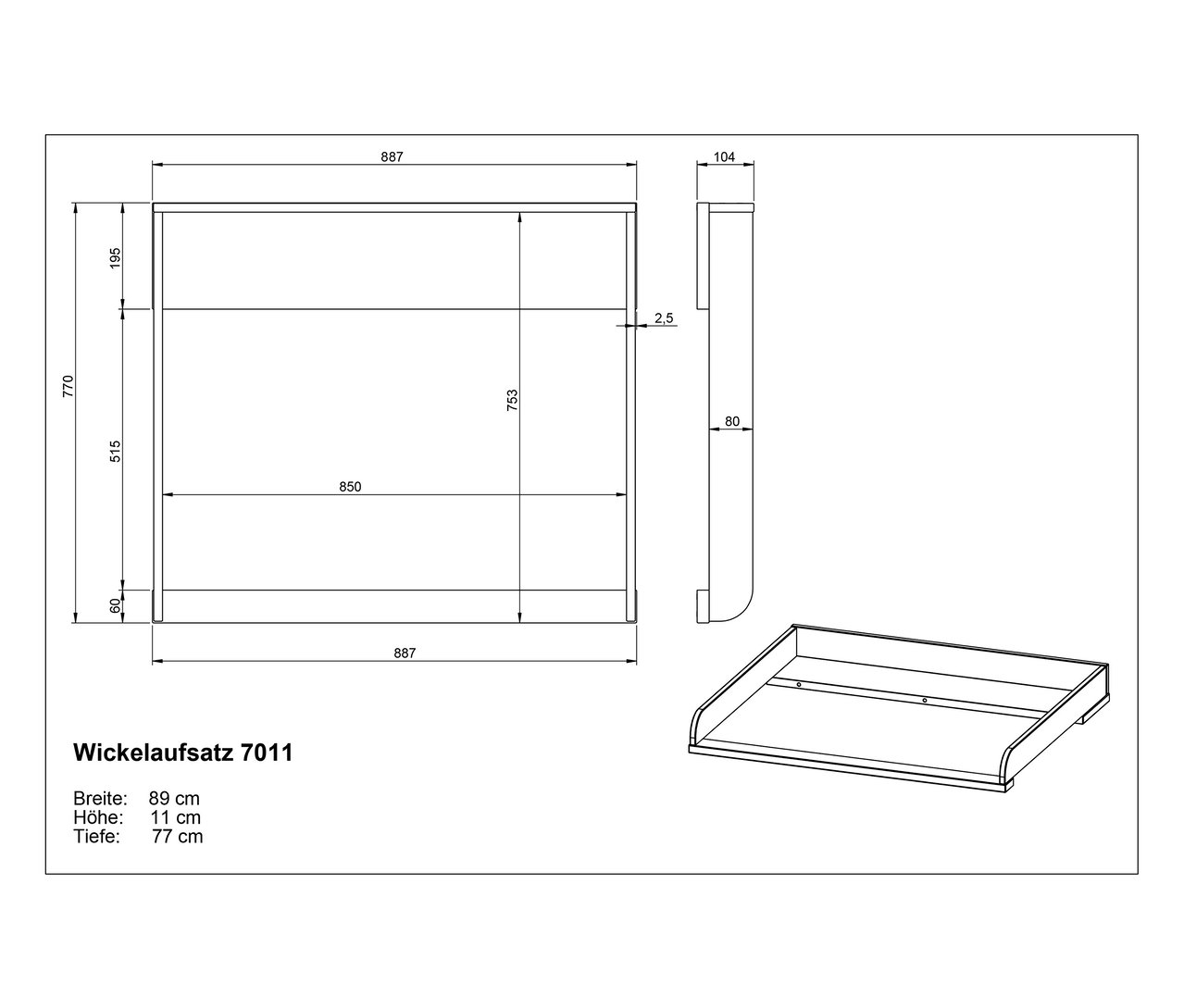 Technische Zeichnung des Wickelaufsatzes 7011 mit Breiten-, Höhen- und Tiefenangaben.