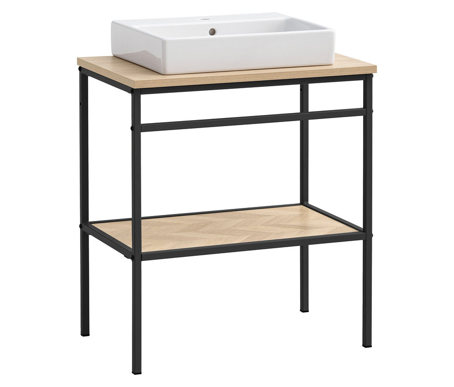 Ein rechteckiges, weißes Waschbecken sitzt auf einem Waschtisch mit einer hellbraunen Holzplatte und einem schwarzen Metallgestell.