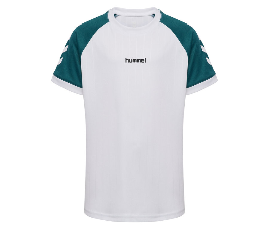 Weißes hummel® HMLJR Stripe T-Shirt mit grünen Ärmeln und weißen Winkeln.