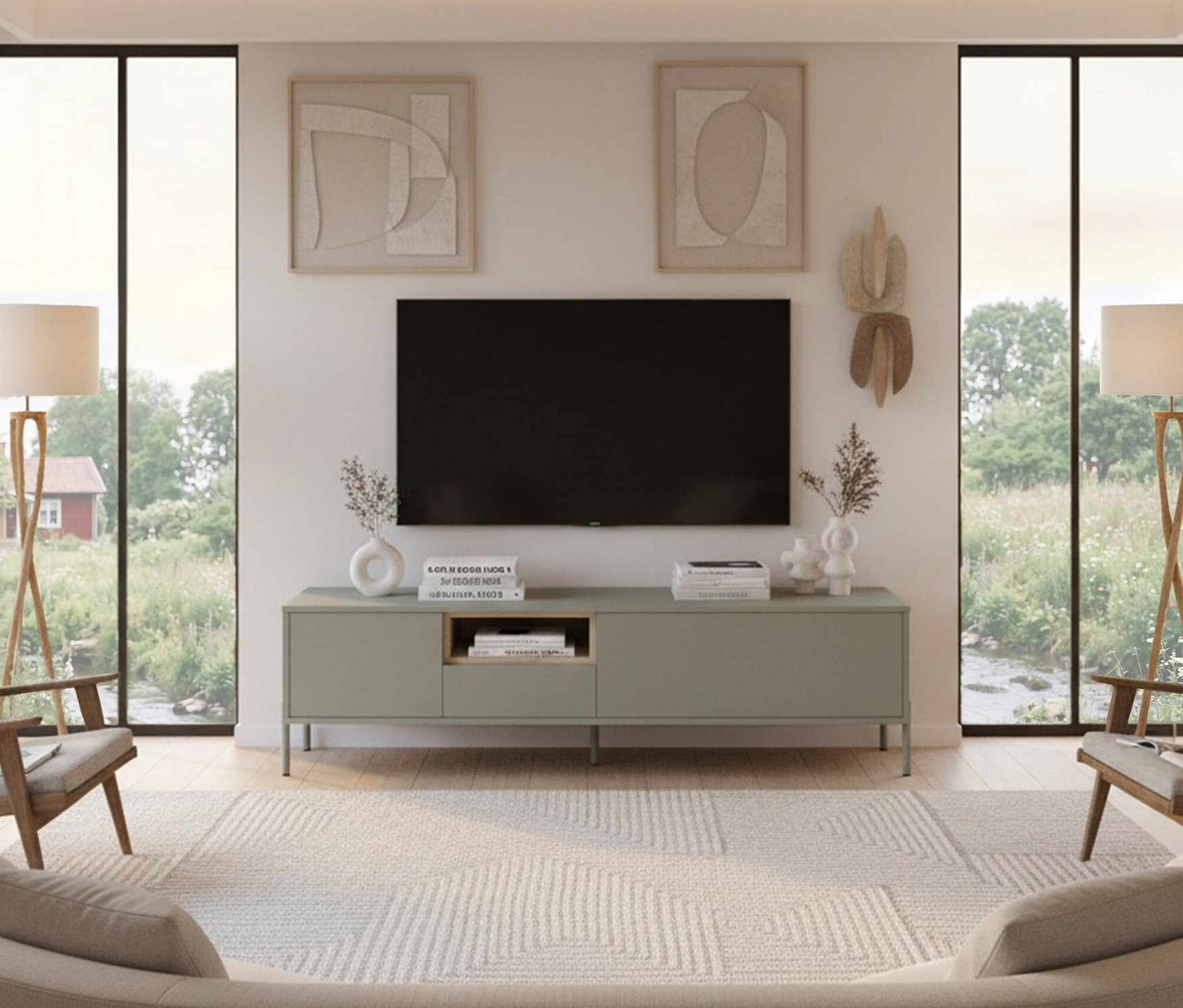 Wohnzimmer mit Fernseher über einem salbeigrünem Lowboard "Hygge". Zwei Stehlampen stehen neben Sesseln vor Fenstern.