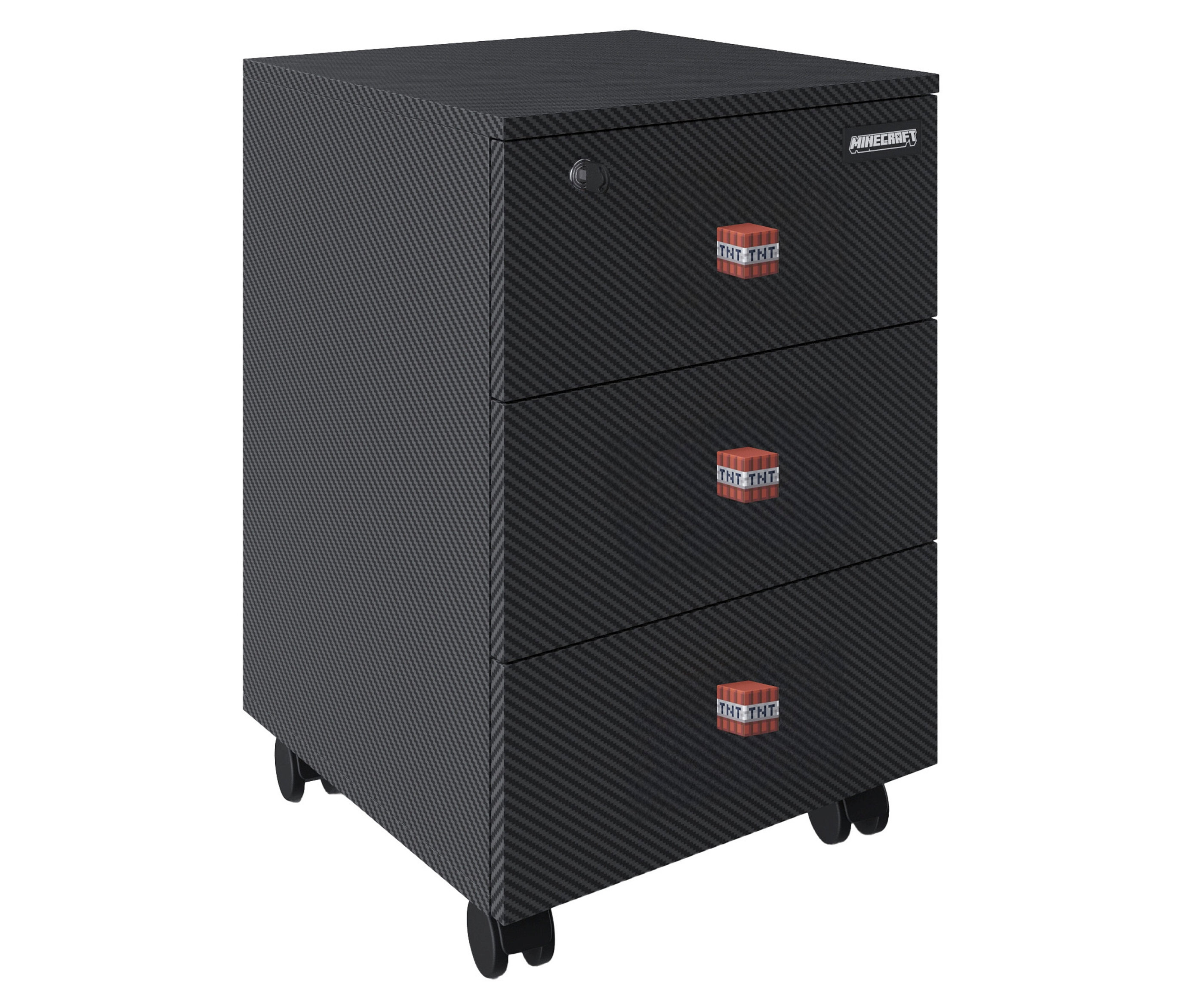 Schwarzer Minecraft Rollcontainer mit drei Schubladen und TNT-Motiv.