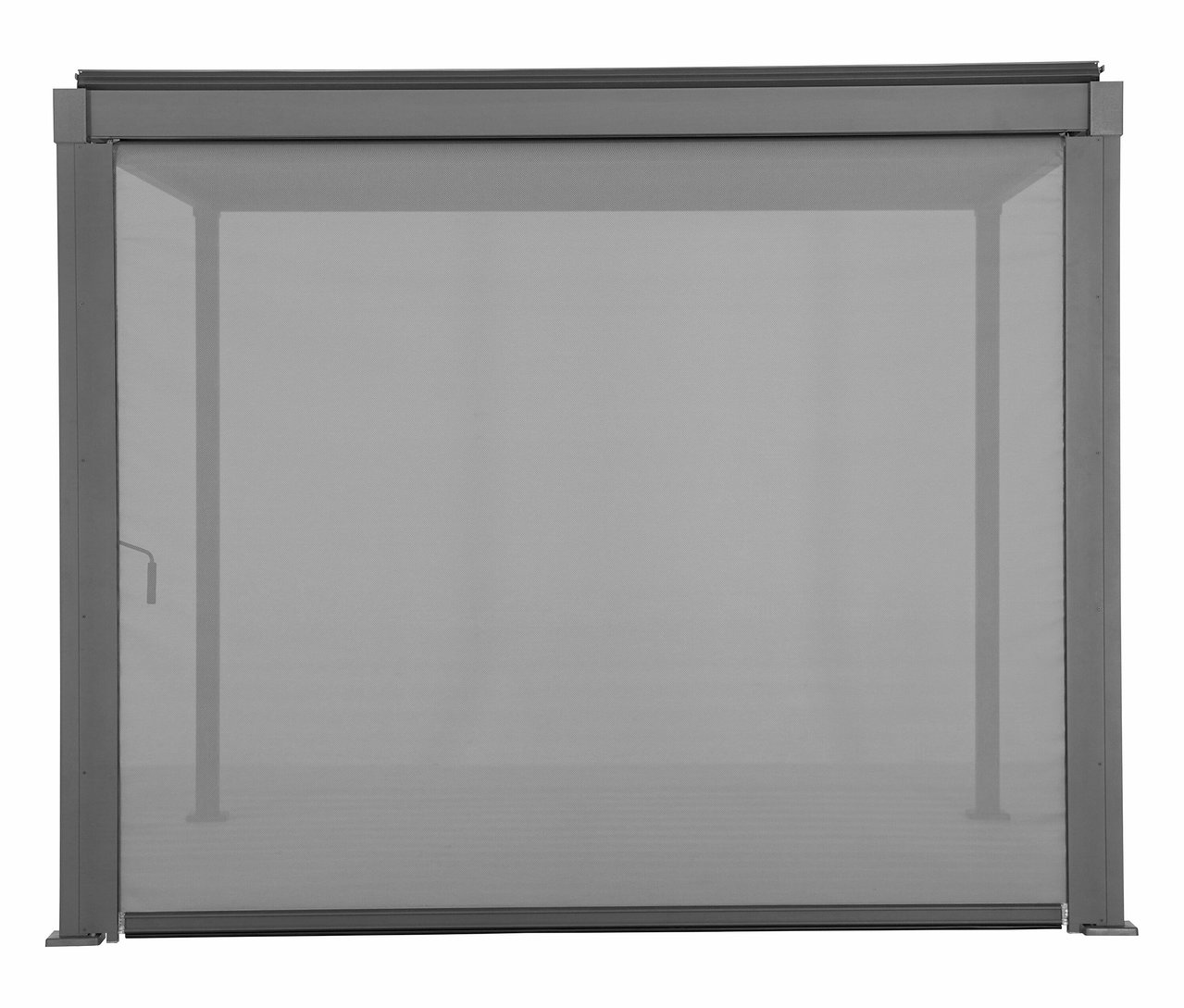 Grauer Pavillon mit heruntergelassenem, transparentem Rollo.