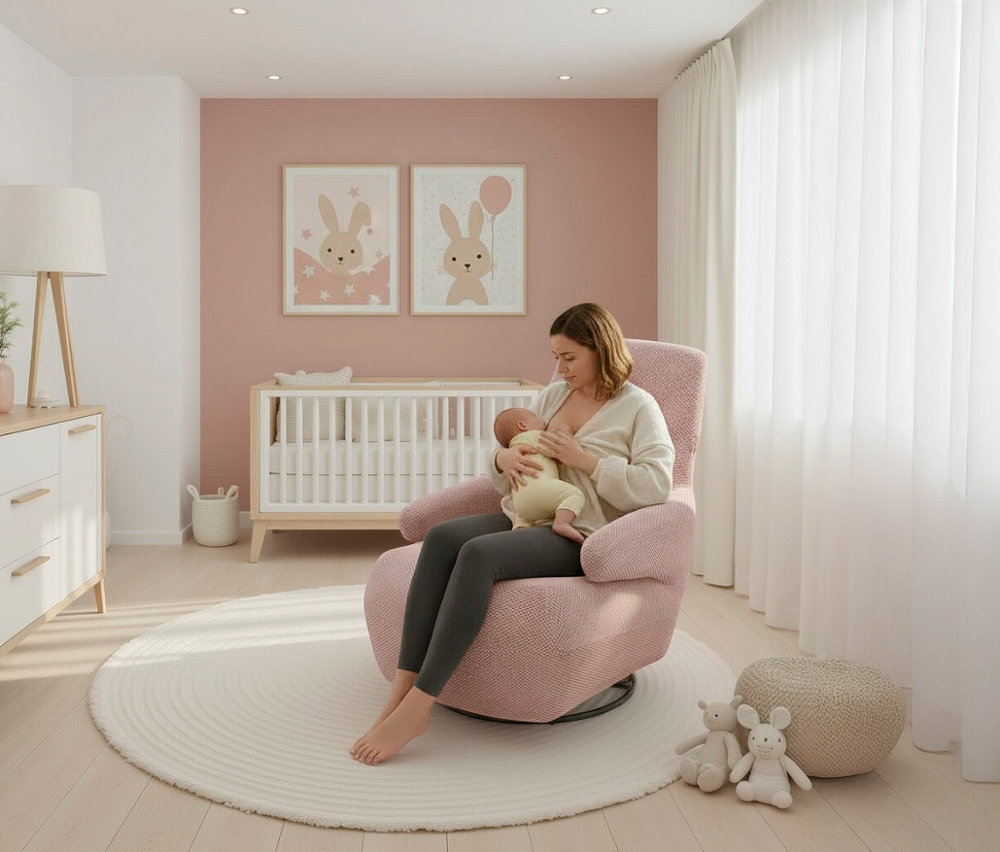 Frau stillt Baby in einem rosa Domo Drehsessel »Valencia« mit Drehfunktion.