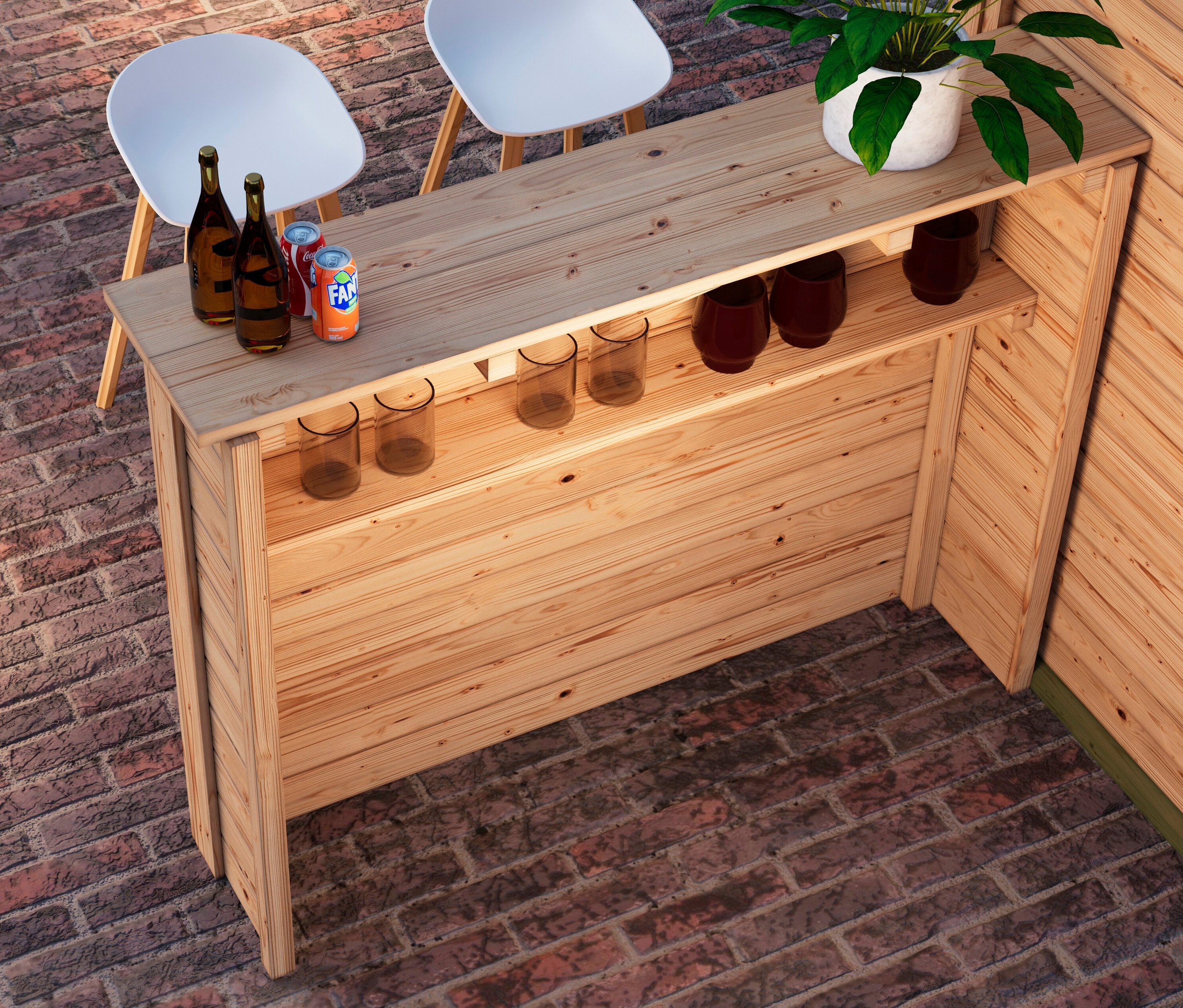 Karibu Garten-Bartisch mit Getränken und Gläsern steht auf einer Terrasse neben zwei Stühlen und einer Topfpflanze.