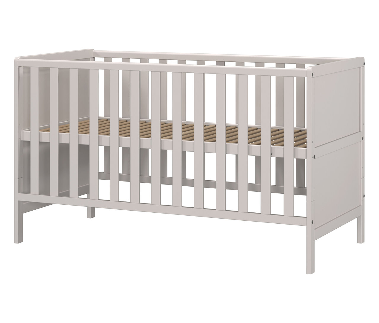 Ein graues Kinderbett mit Lattenrost.