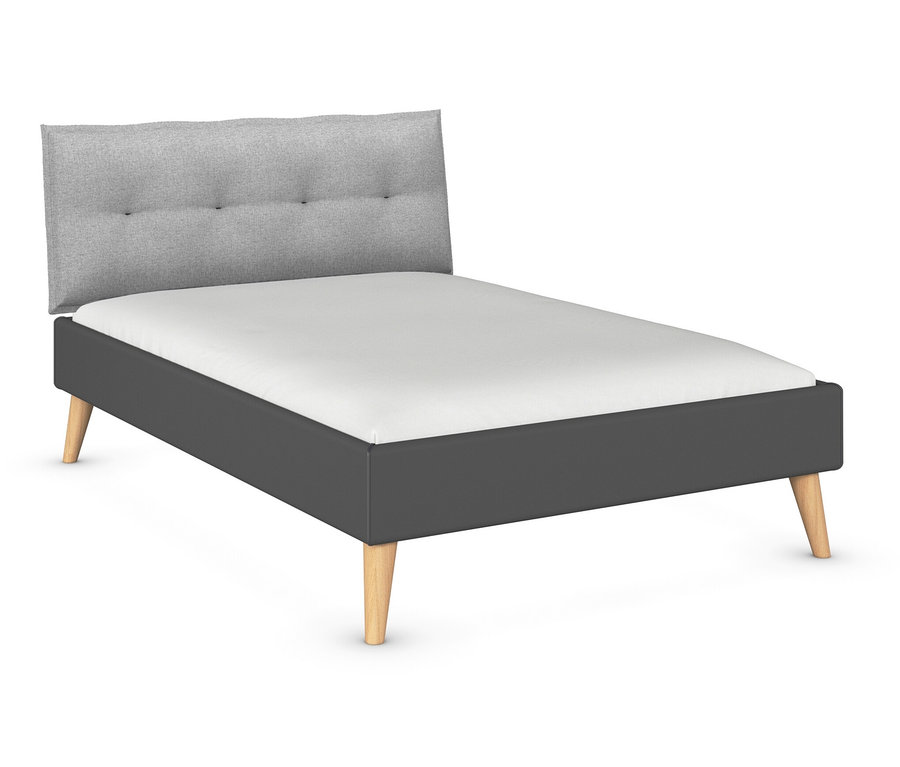 Grau-metallisches rauch Bett »Skandi«, 140 x 200 cm, mit hellgrauem Kopfteil und hellen Holzbeinen.