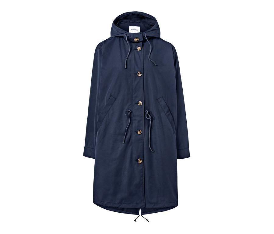 Marineblaue Parka mit Kapuze und Knöpfen.