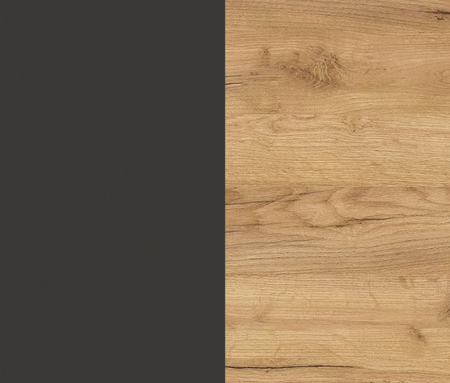 Eine Hälfte zeigt die grafitfarbene Oberfläche eines Schranks, die andere Hälfte zeigt die Maserung eines Holzes.