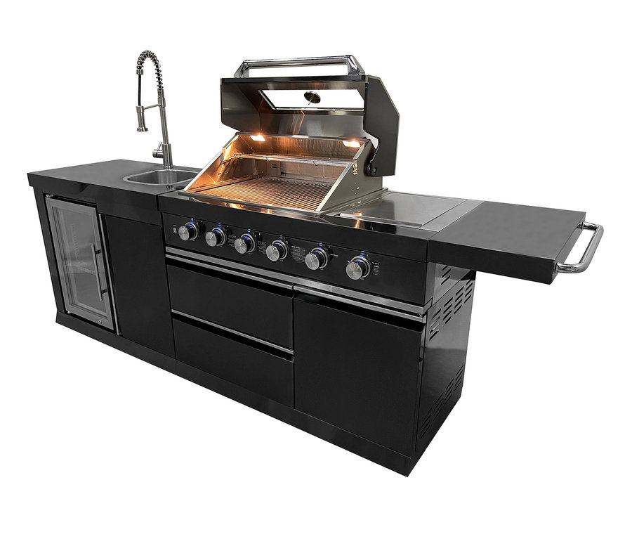 Schwarze Buschbeck-Outdoorküche »Cambridge« mit Grill, Spüle und Kühlschrank.