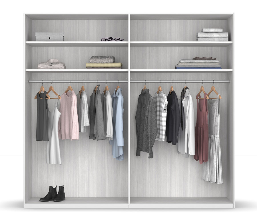 Offener Kleiderschrank mit Kleidung und Schuhen. Rauch BLACK 20UP Schwebetürenschrank »Basic« in weiß, seidengrau und schwarz, 240 cm