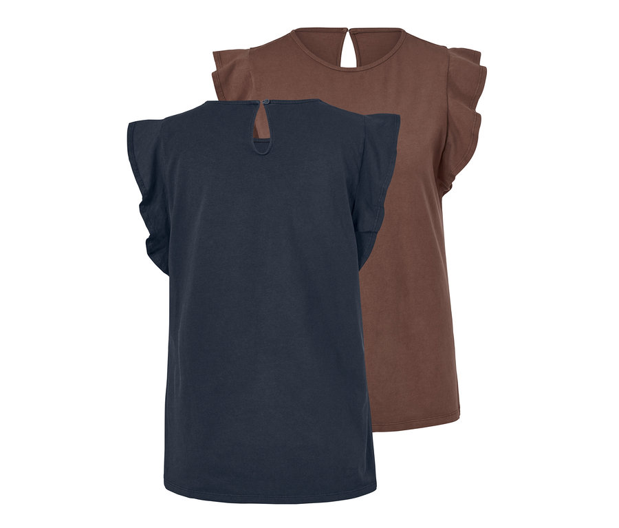 Zwei EarthColors®-Damen-Tops, eines marineblau und eines braun, von hinten gezeigt.