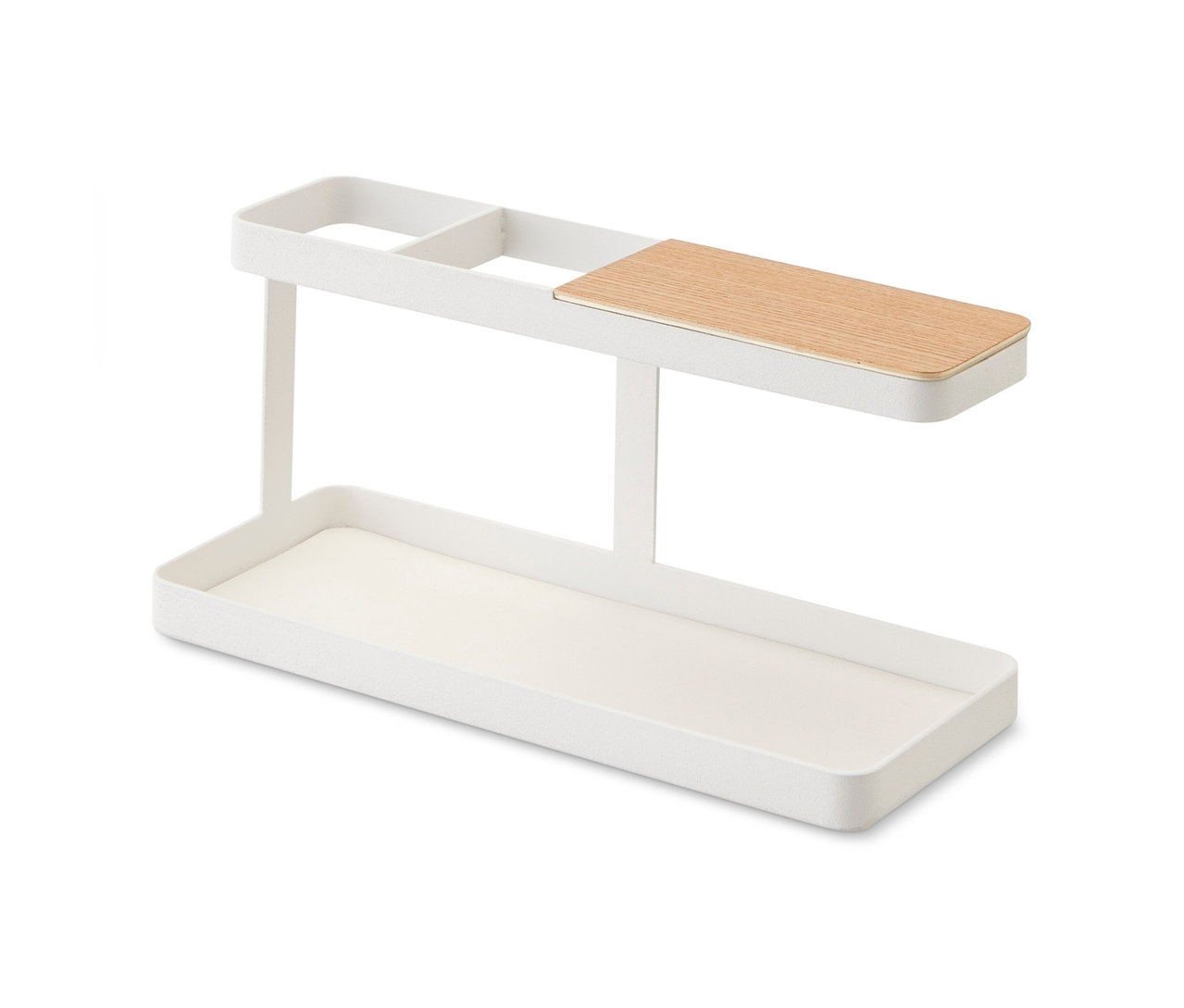 Weißer YAMAZAKI Schreibtisch-Organizer »TOWER« mit zwei Ebenen und Holzplatte.