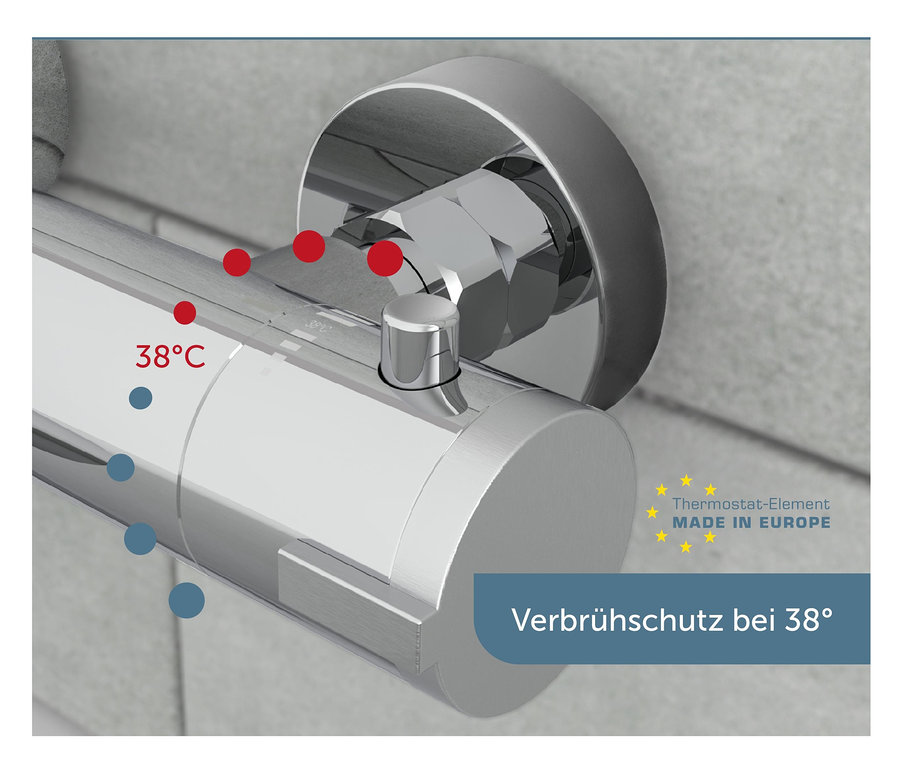 Detail der Thermostat-Wannenarmatur »LONDON« mit Verbrühschutz bei 38°C.